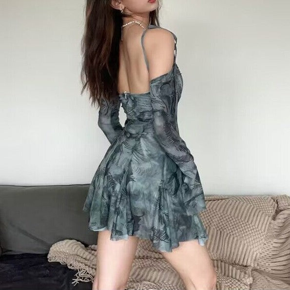 Women Tailored Mini Dress with Off-the-Shoulder Neckline, Adjustable Shoulder Straps, and Flared Sleeves Mune Fashion