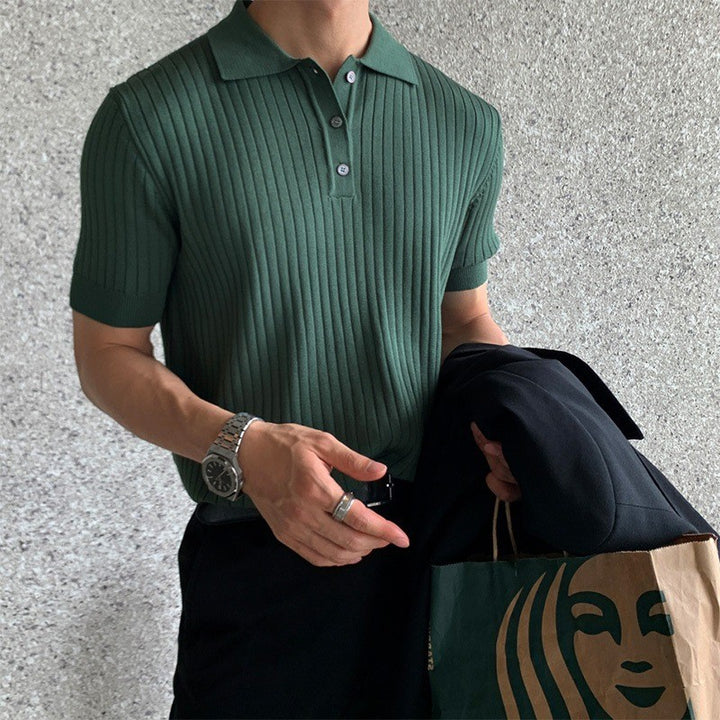 Men's narrow-cut ribbed polo shirt made of fine knit with short sleeves and polo collar Mune Fashion