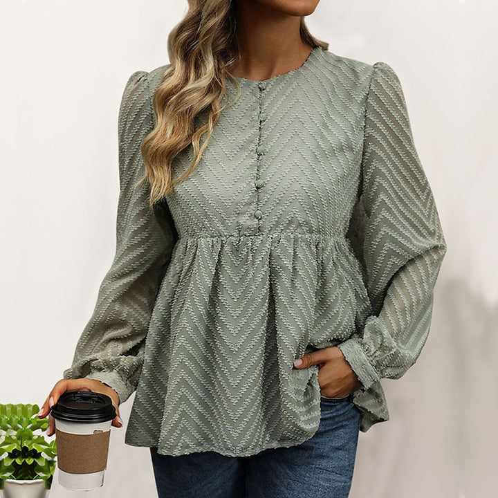 Women's Chiffon Peplum Blouse with Chevron Structure, Ruched Empire Waist & Button Placket Mune Fashion