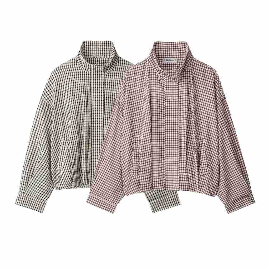 Women's checked overshirt with stand-up collar and boxy cropped silhouette Mune Fashion