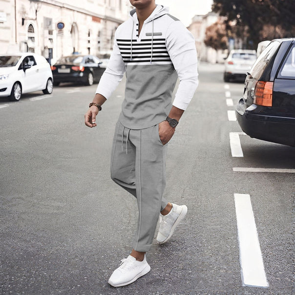 Men's urban hooded Henley leisure set with striped yoke and cropped jogger pants Mune Fashion