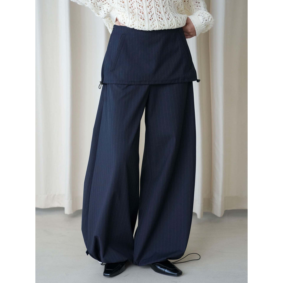 Women Wide Pinstripe Pants with Overlay and Drawstring Mune Fashion