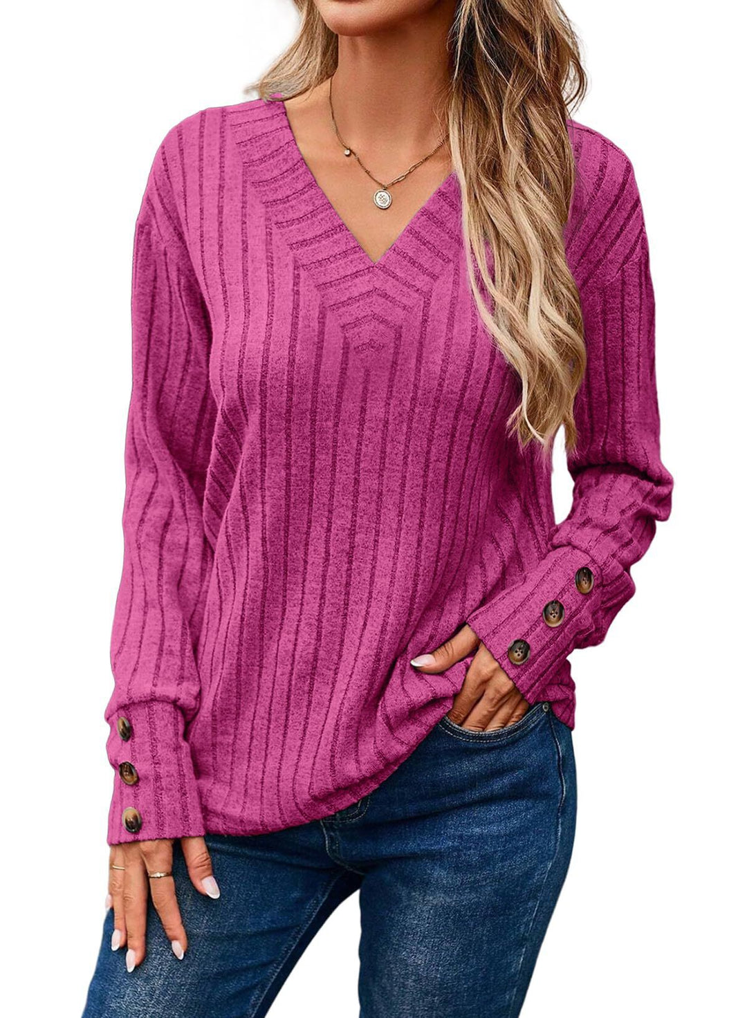 Women's Ribbed V-Neck Knit Sweater with Button Cuffs Mune Fashion