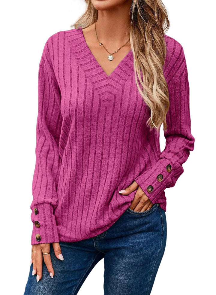 Women's Ribbed V-Neck Knit Sweater with Button Cuffs Mune Fashion