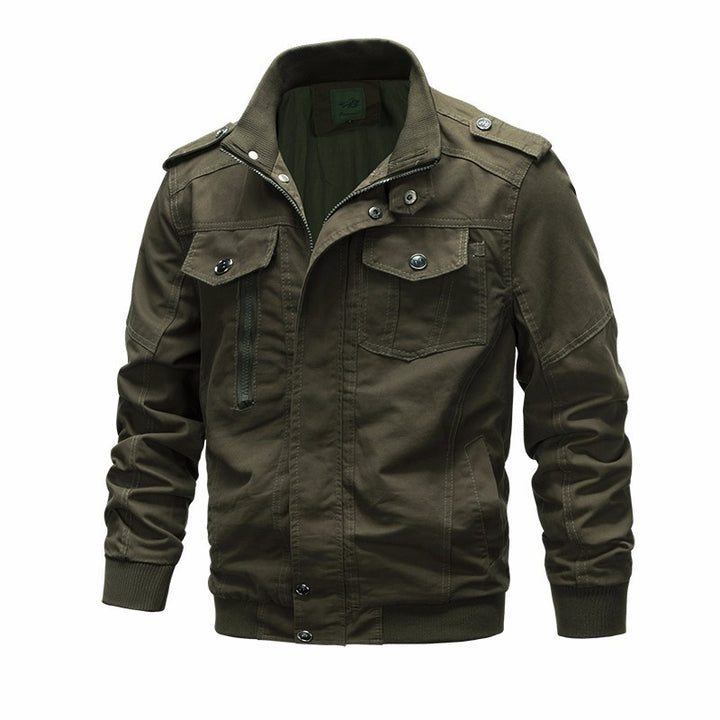 Men's lightweight cotton canvas flight jacket with shoulder epaulettes, concealed zipper, and multifunctional pockets.