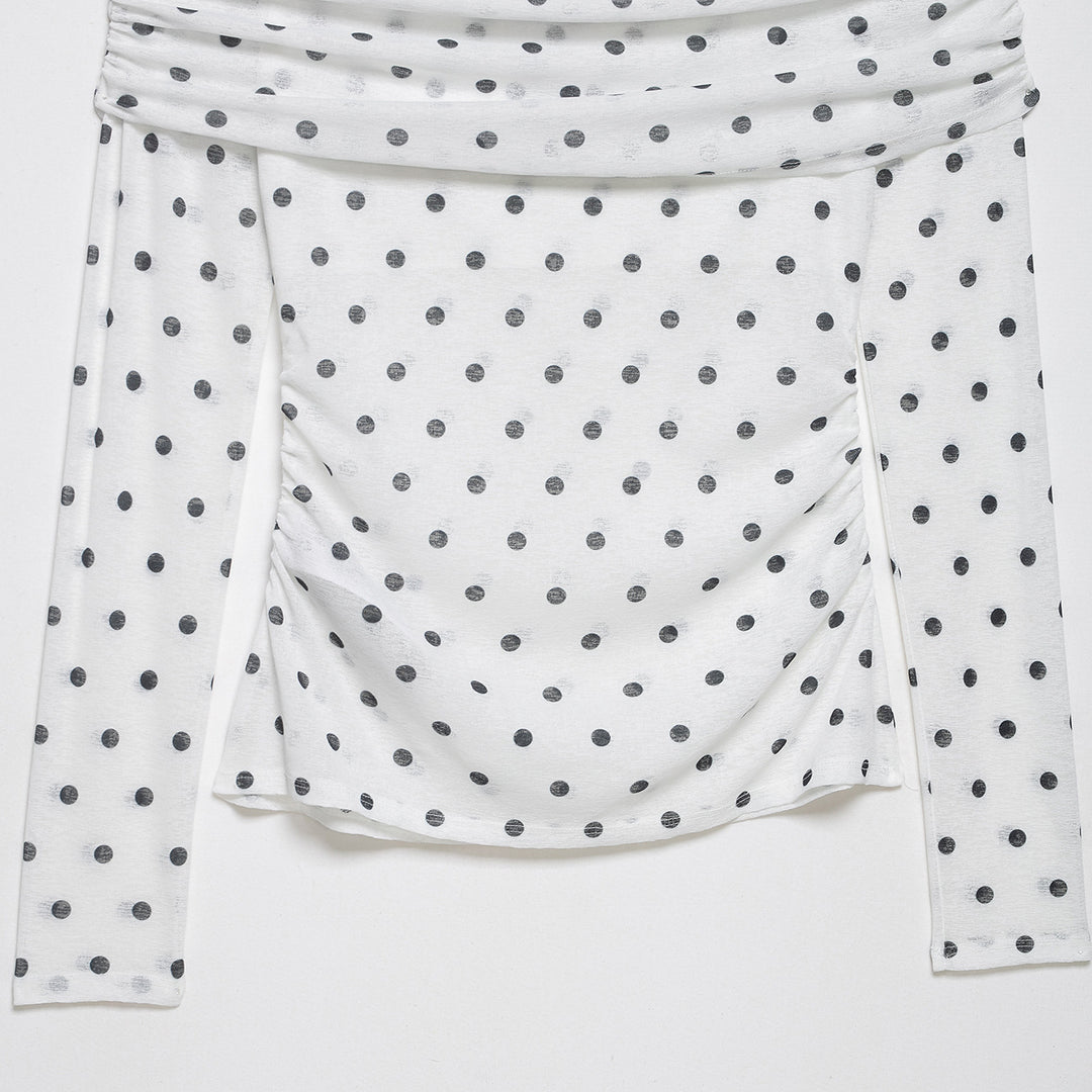 Women's Off-Shoulder Long Sleeve Top with Draped Overlap Collar and Polka Dot Pattern Mune Fashion