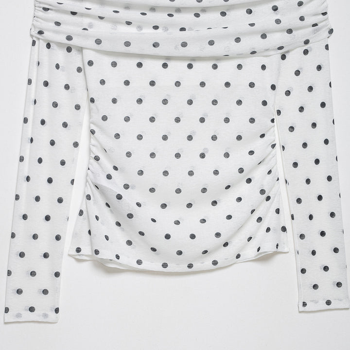 Women's Off-Shoulder Long Sleeve Top with Draped Overlap Collar and Polka Dot Pattern Mune Fashion