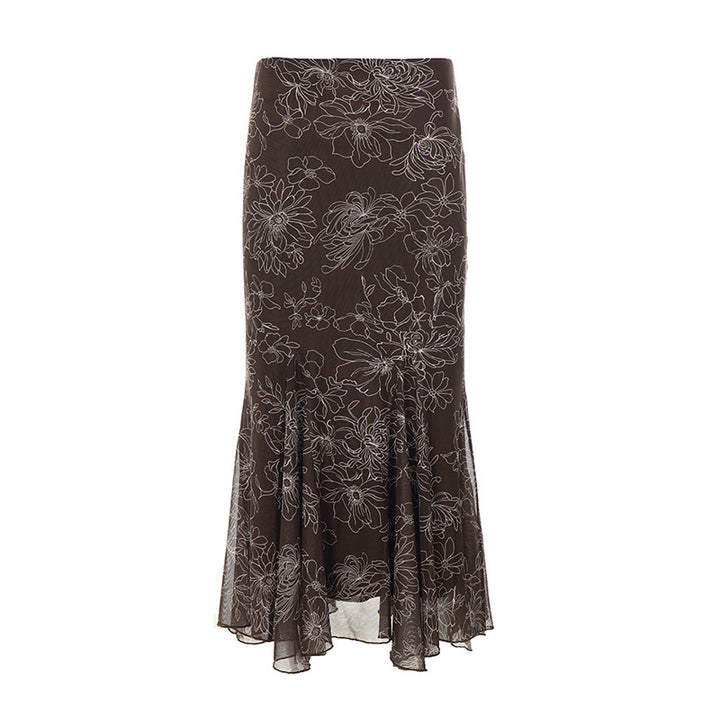 Women’s midi skirt with flared ruffle hem and floral contour print Mune Fashion