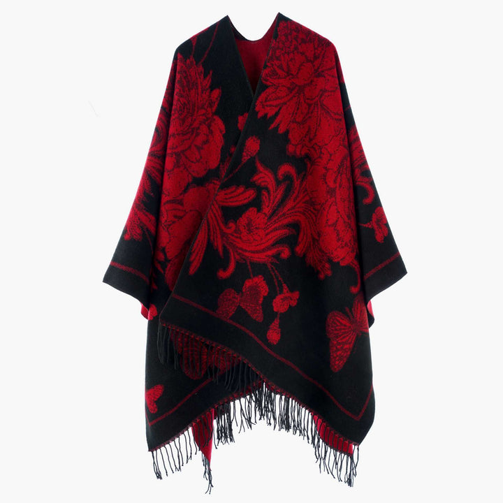 Women's Large Wool Blend Fringe Poncho with Diagonal Contrast Stripes Mune Fashion