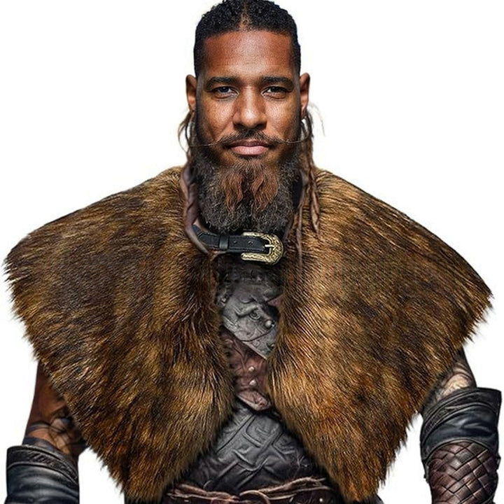 Men's historically inspired faux fur shoulder cape with leather straps Mune Fashion
