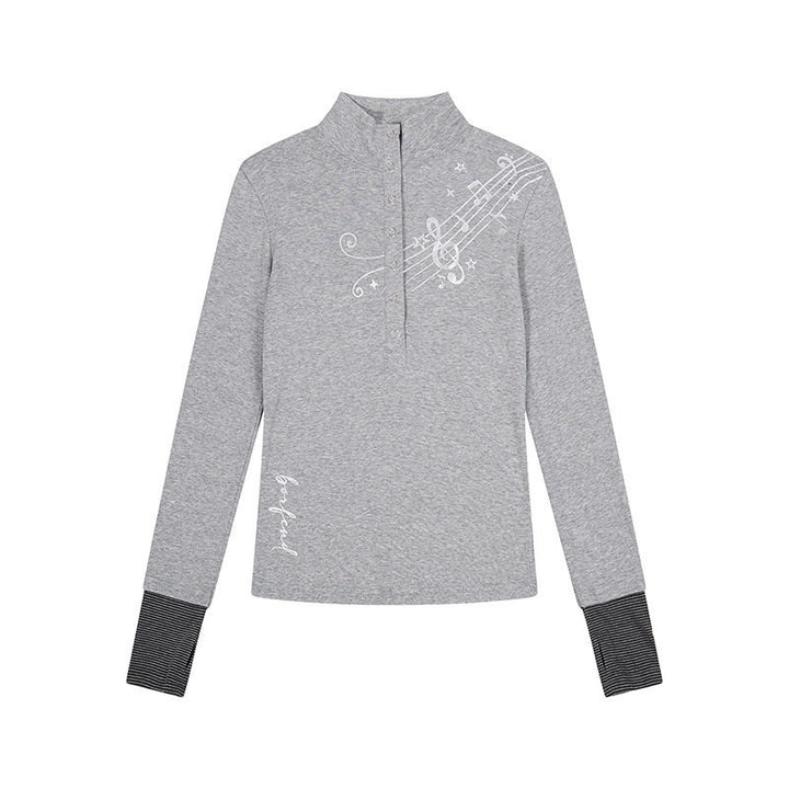 Women's Long Sleeve Polo Shirt with Stand-Up Collar, Button Placket and Note Print Mune Fashion