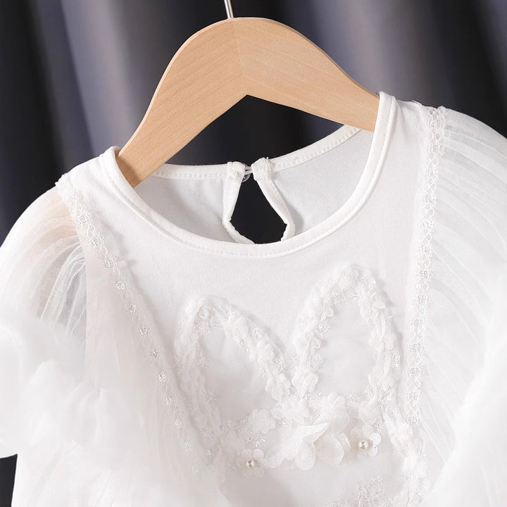 Girl T-Shirt with airy tulle sleeves and embroidered bunny motif Mune Fashion