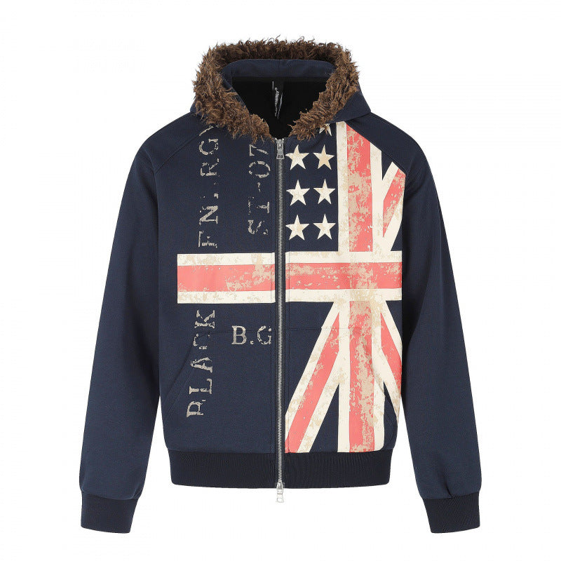 Men's hoodie jacket with vintage flag print, faux fur hood and two-way zipper Mune Fashion