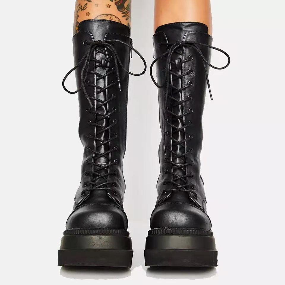 Mune | Women's High-Quality Lace-Up Boots with Platform Heel and Side Zipper