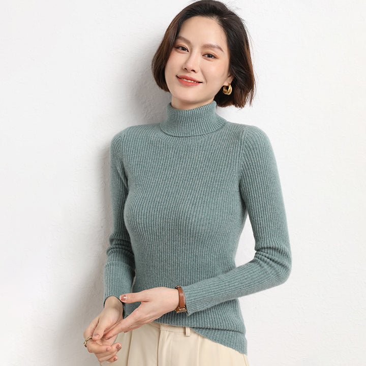 Women's Tailored Fine Knit Turtleneck Sweater with Fine Ribbed Texture and Cashmere Look Mune Fashion