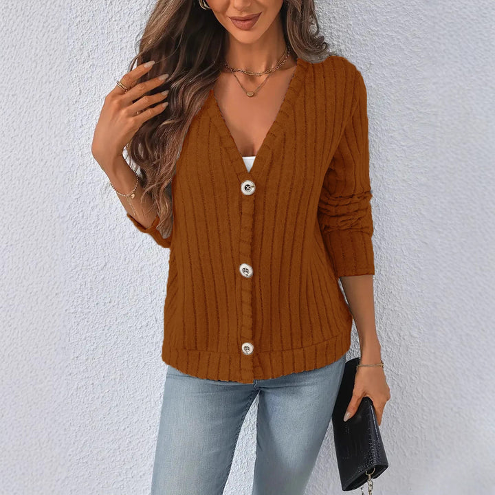 Women’s ribbed V-neck knit cardigan with decorative buttons, slightly dropped shoulder and boxy hem Mune Fashion