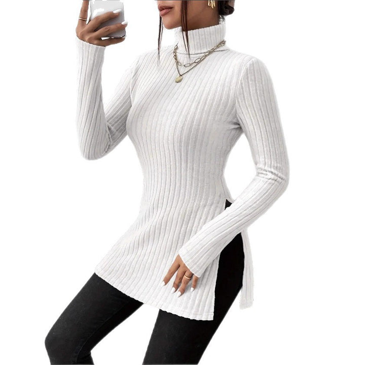 Women's Ribbed Longline Tunic with Stand Collar, Flared Sleeves and Side Slits Mune Fashion