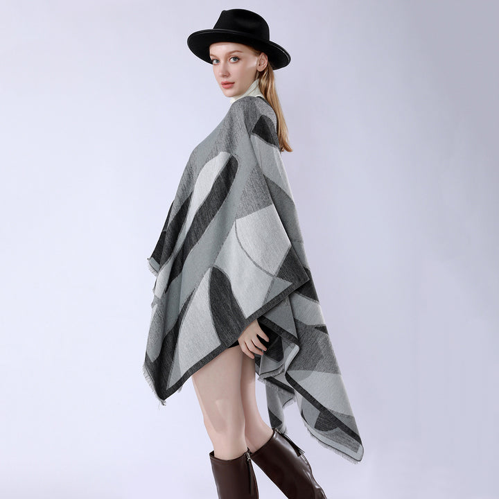 Women's Oversize Poncho with V Neck and Geometric Jacquard Design Mune Fashion