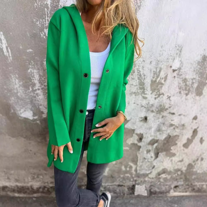 Women's hooded coat mid-length cotton blend with snap button placket and side pockets Mune Fashion