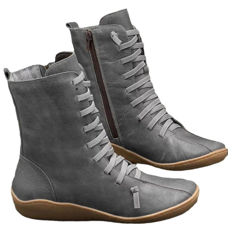 Women's ankle-high lace-up boots with side zipper and shock-absorbing rubber sole Mune Fashion