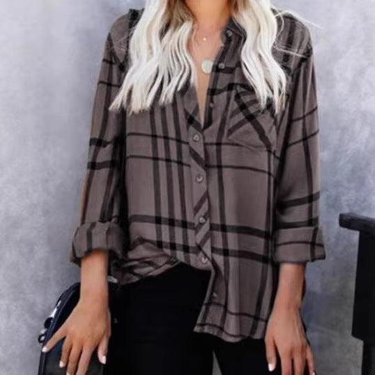 Women Oversize Shirt Blouse with Check Pattern, Chest Pocket and Roll-Up Sleeves Mune Fashion