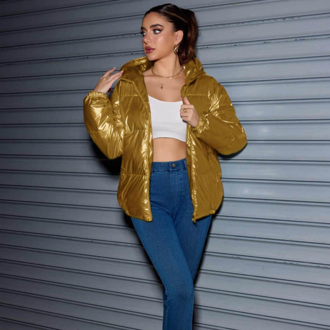 Women's Shiny Oversized Padded Jacket with Hood & Elastic Cuffs Mune Fashion