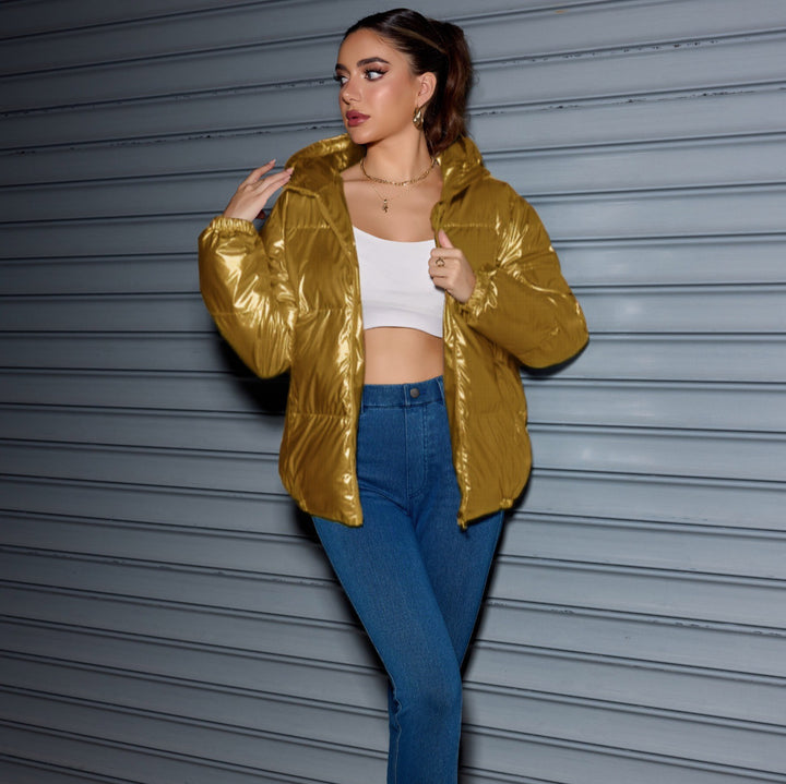 Women's Shiny Oversized Padded Jacket with Hood & Elastic Cuffs Mune Fashion
