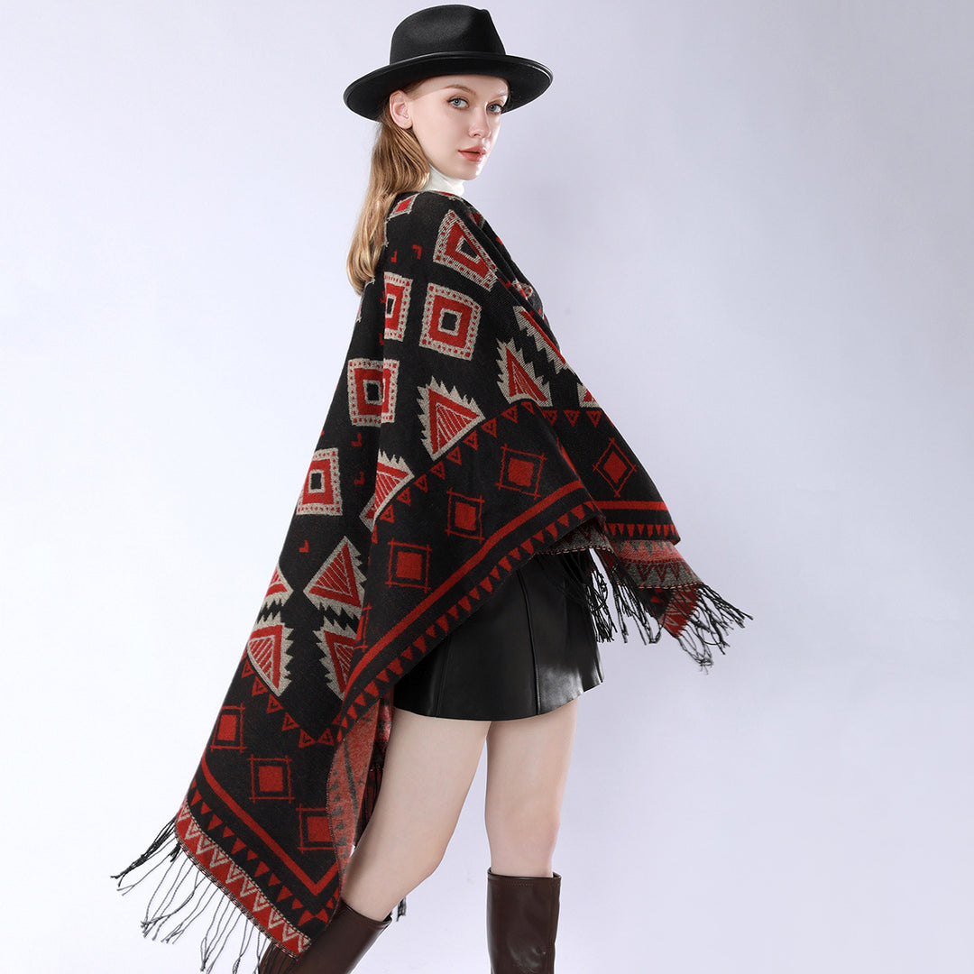 Women's Layered Hooded Overlay with Asymmetric Fringe Hem and Geometric Jacquard Mune Fashion