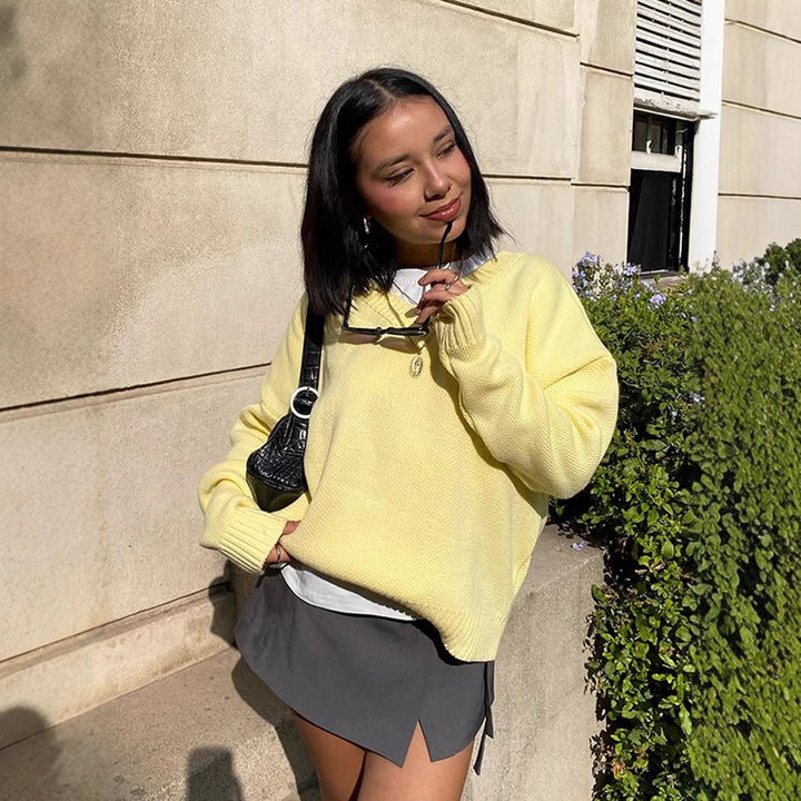 Women Oversize V-Neck Fine Knit Sweater with Structured Stitch Look and Ribbed Cuffs Mune Fashion
