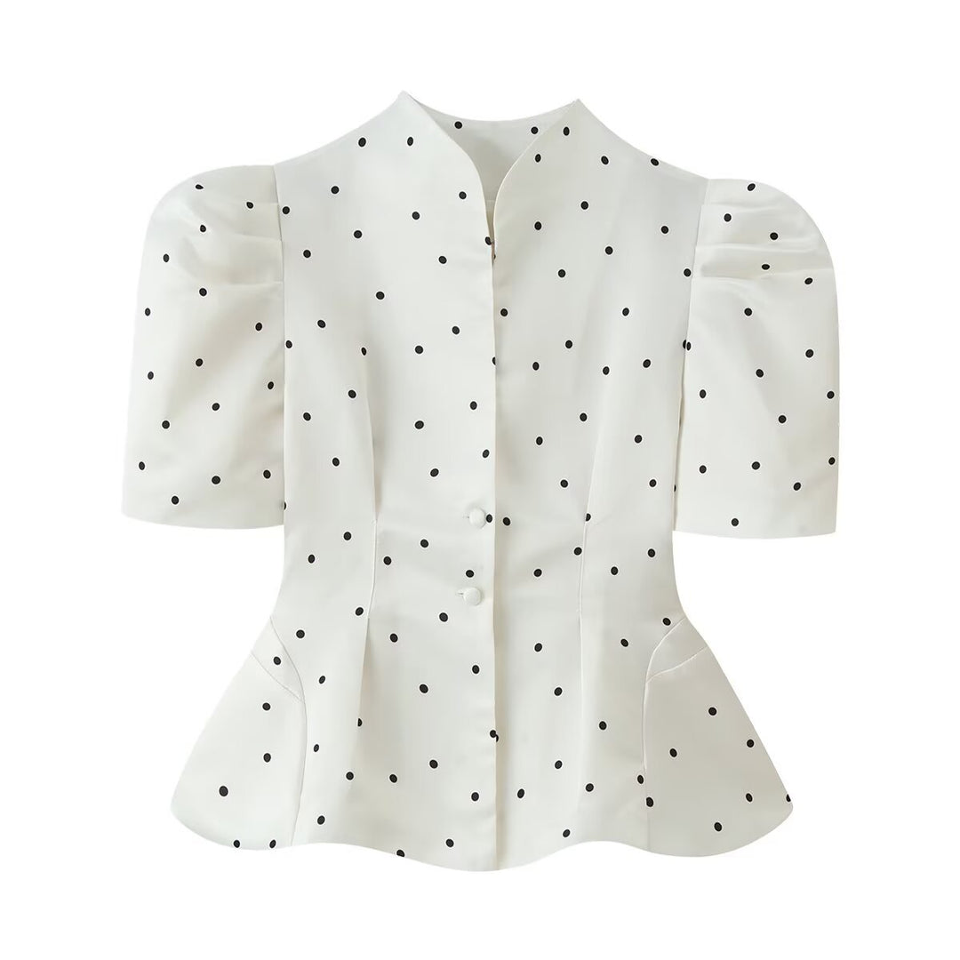 Women Tailored Satin Blouse with Puff Sleeves, Stand Collar and Polka Dot Print Mune Fashion