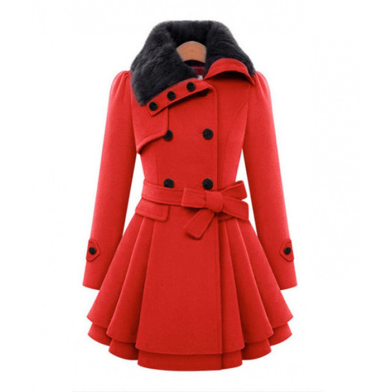 Women's tailored wool coat with bell skirt, double-breasted and faux fur collar Mune Fashion
