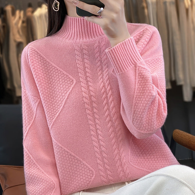 Women's Soft Cable Knit Mock Neck Sweater with Structure Patches and Fluffy Mohair Look Mune Fashion