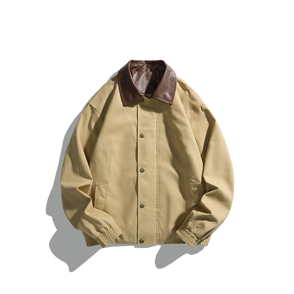 Men's Masculine Boxy Field Blouson with contrasting faux leather collar and concealed snap button placket Mune Fashion