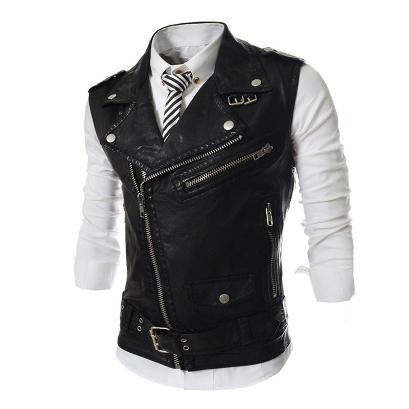 Men's sleeveless biker vest with asymmetric zipper, decorative belts and metal accents Mune Fashion