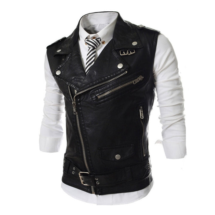 Men's sleeveless biker vest with asymmetric zipper, decorative belts and metal accents Mune Fashion