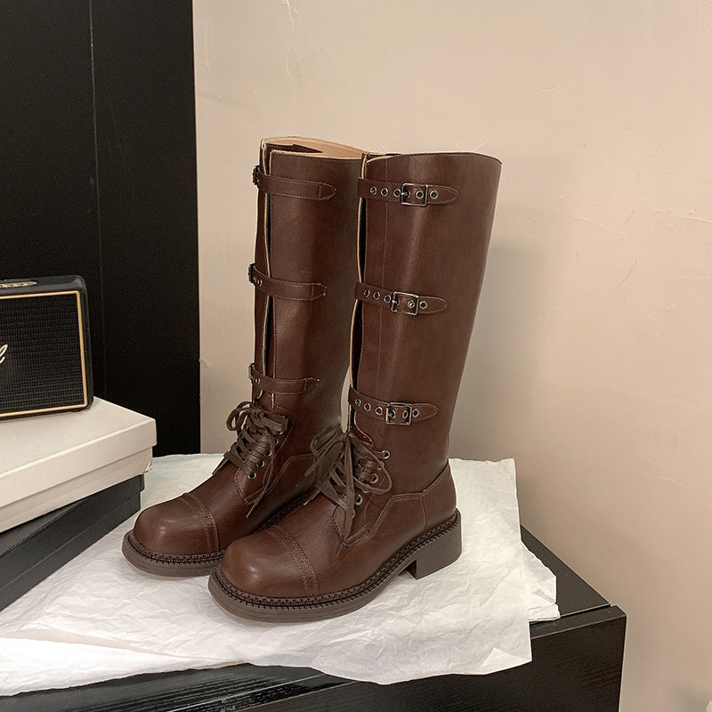 Ladies knee-high lace-up boots with decorative and adjustable buckles Mune Fashion