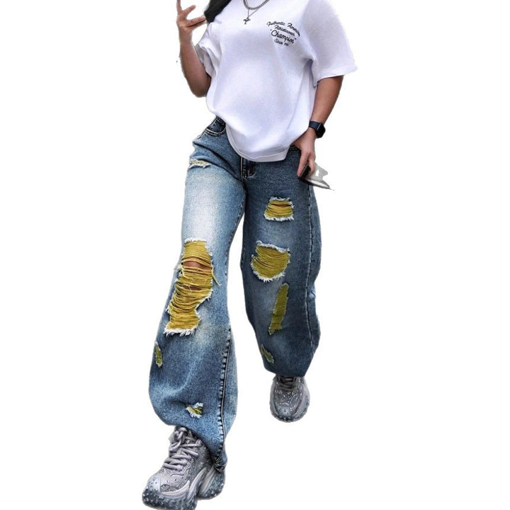 Women wide High-Waist jeans pants with destroyed details and contrasting lining Mune Fashion