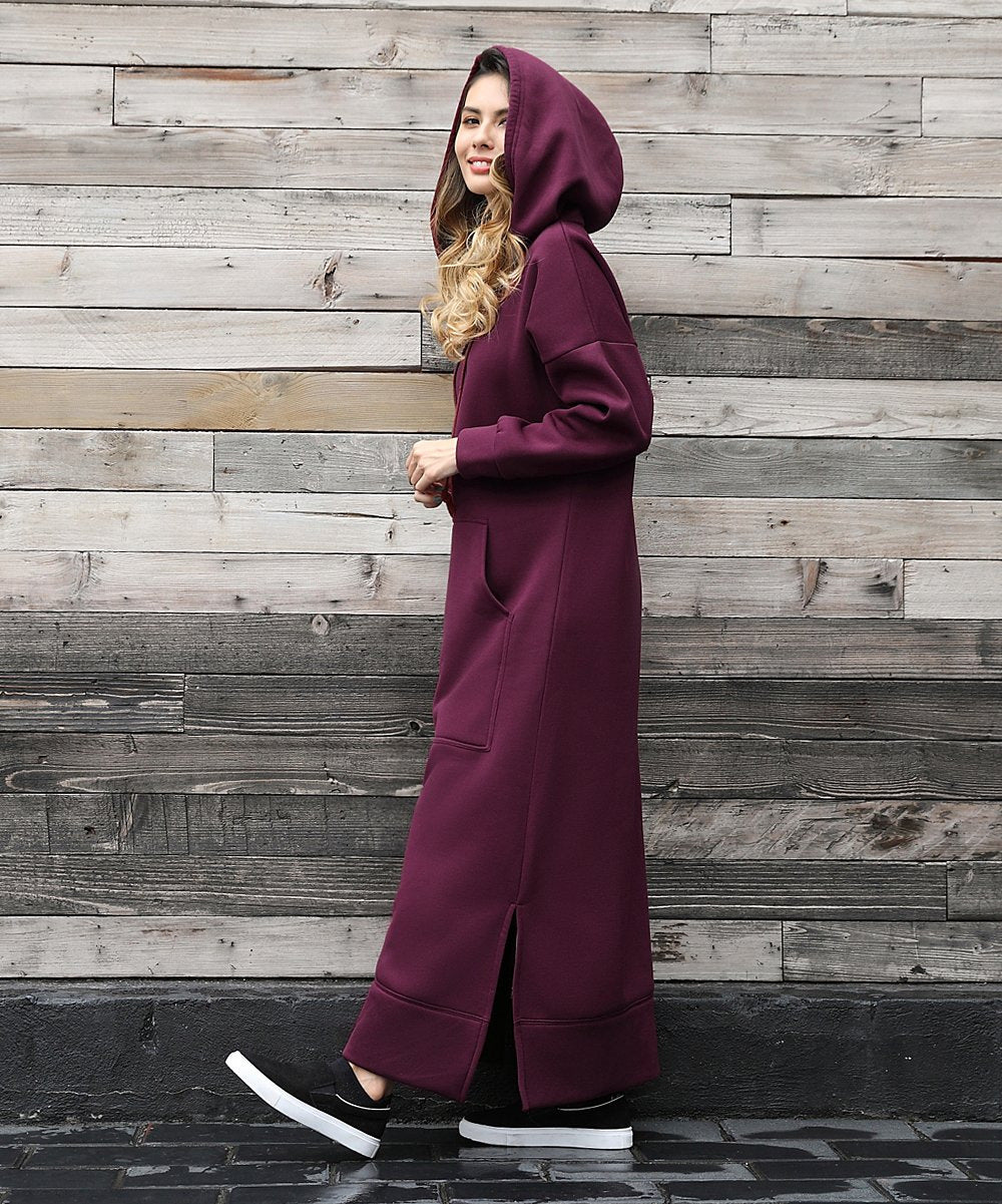 Women's long hooded sweat dress with kangaroo pocket, side slits and loose oversized fit Mune Fashion