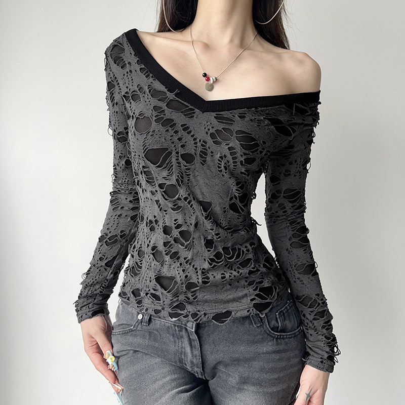 Ladies transparent distressed lace shirt with V-neck, long-sleeve layered look and built-in cami Mune Fashion