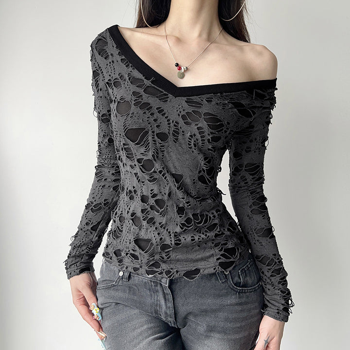 Ladies transparent distressed lace shirt with V-neck, long-sleeve layered look and built-in cami Mune Fashion