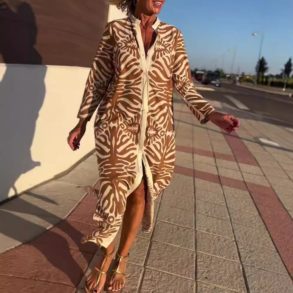 Women's long shirt dress with stand-up collar, concealed button placket and side slit Mune Fashion