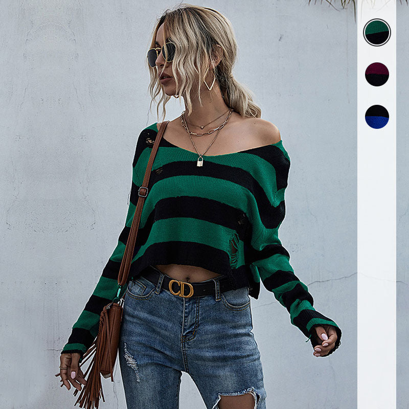 Ladies Short Striped Sweater with V-Neck, Used Look and Dropped Shoulders Mune Fashion