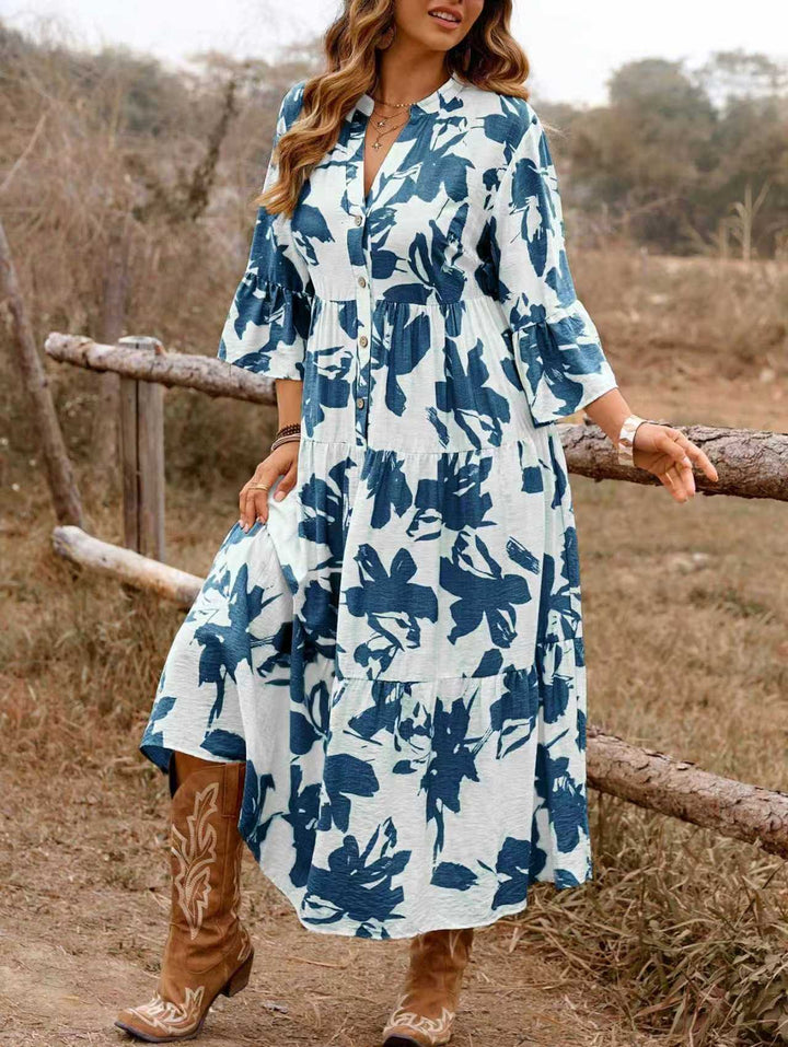 Women's Long Tiered Dress with V-Neck, Button Placket and Ruffled Sleeves Mune Fashion