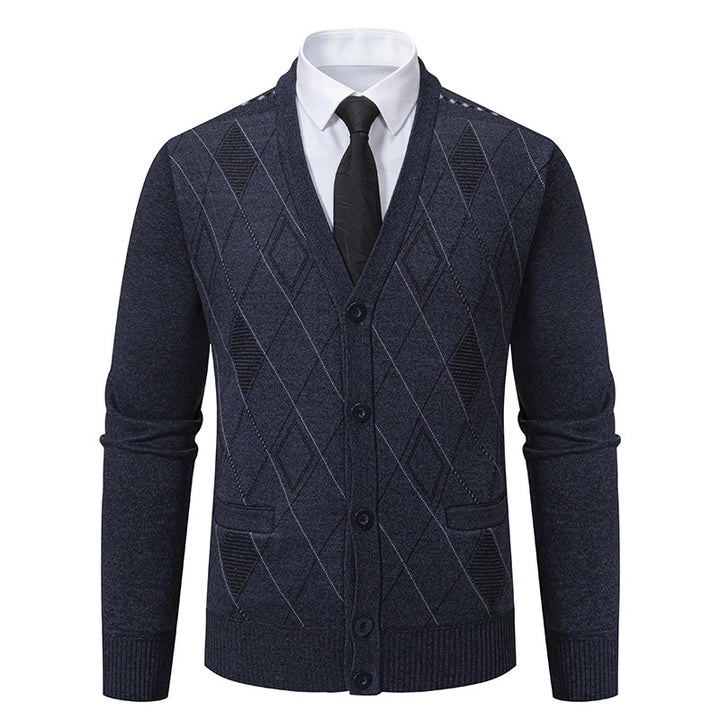 Men's fine diamond-pattern knit cardigan with V-neck, button placket, and front pockets Mune Fashion