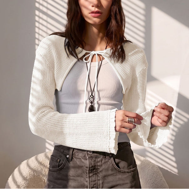 Women Short Bolero Crochet Look with Ties and Ruffle Sleeves Mune Fashion