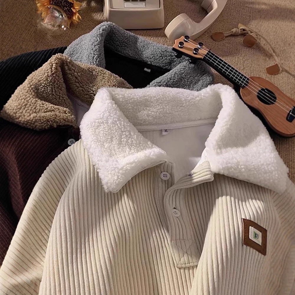 Women's Soft Corduroy Sweater with Sherpa Collar Mune Fashion