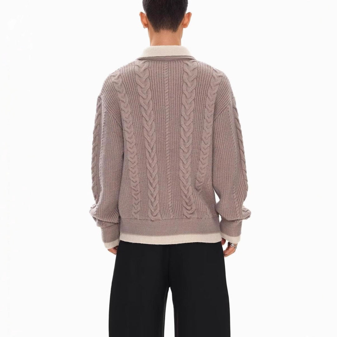 Men's Fashionable Chunky Knit Sweater with Polo Collar Mune Fashion
