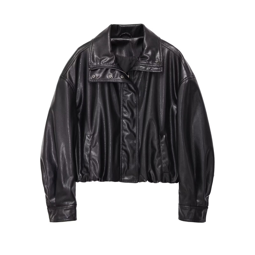 Women's cropped bomber-style jacket made of vegan smooth leather look with high stand-up collar Mune Fashion