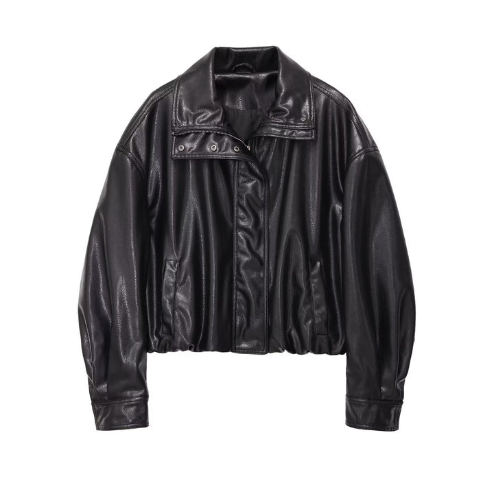Women's cropped bomber-style jacket made of vegan smooth leather look with high stand-up collar Mune Fashion