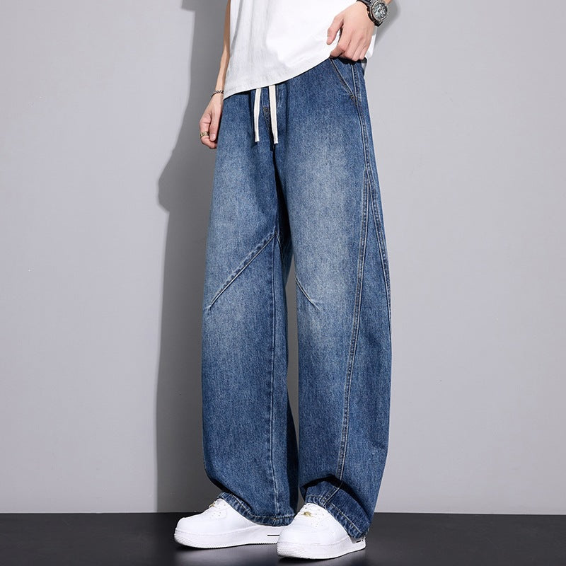 Men's Loose Baggy Jeans with Drawstring Waistband, Distinctive Seaming & Elastic Hem Mune Fashion